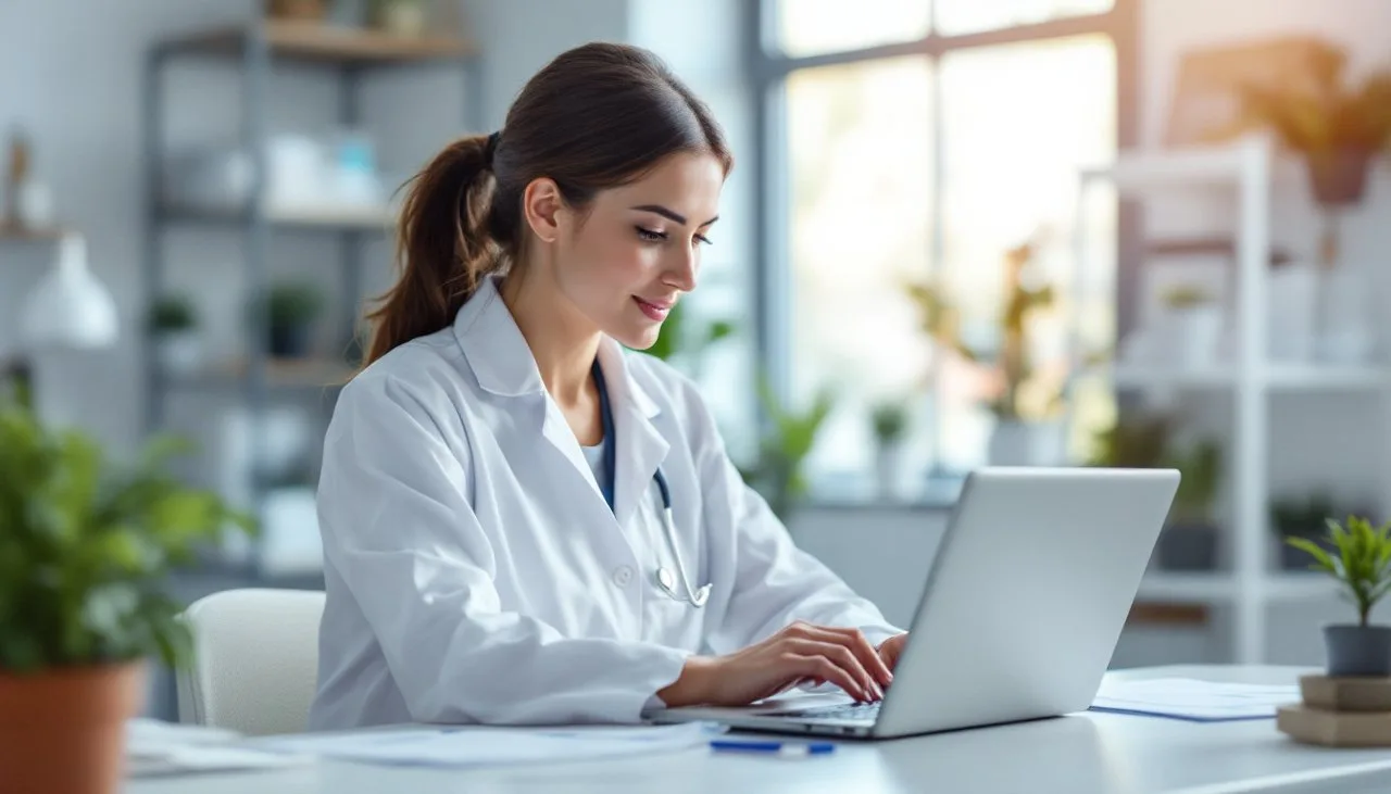 Profissional de saúde analisando exames no consultório